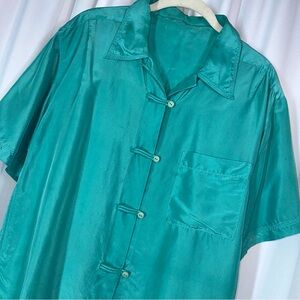 Vintage Silk Lagenlook Artsy Button Short Sleeve Green Blouse Top Size M/L? READ